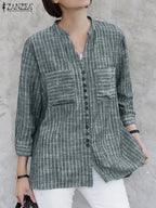 ZANZEA Women Vintage Striped Blouse Summer 3/4 Sleeve Loose Shirt Fashion V-Neck Button Up Tops Elegant Blusas Femme Tunic Mujer - Matrix-studios.com