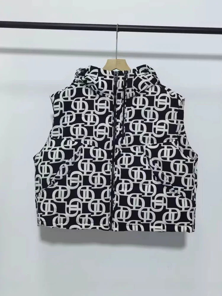 Autumn Winter Hooded Letters Printed Down Vest Women White Duck Down Sleeveless Casual Vests Female Warm Zipper Loose Waistcoats - Matrix Studios