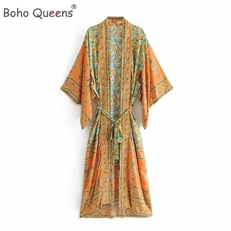 Boho Queens Women Yellow Floral Print Sashes  Kimono Ladies V Neck Batwing Sleeves Bohemian Maxi Dress Robe Cover-up - Matrix Studios
