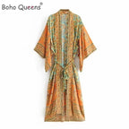 Boho Queens Women Yellow Floral Print Sashes  Kimono Ladies V Neck Batwing Sleeves Bohemian Maxi Dress Robe Cover-up - Matrix Studios