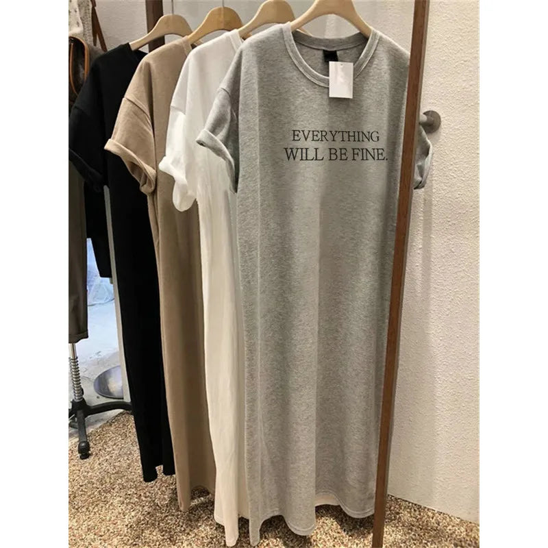 Summer Thin Plus Size Loose Short Sleeved Dress Women 2025 New Letter Printed Simple Round Neck Dress - Matrix-studios.com
