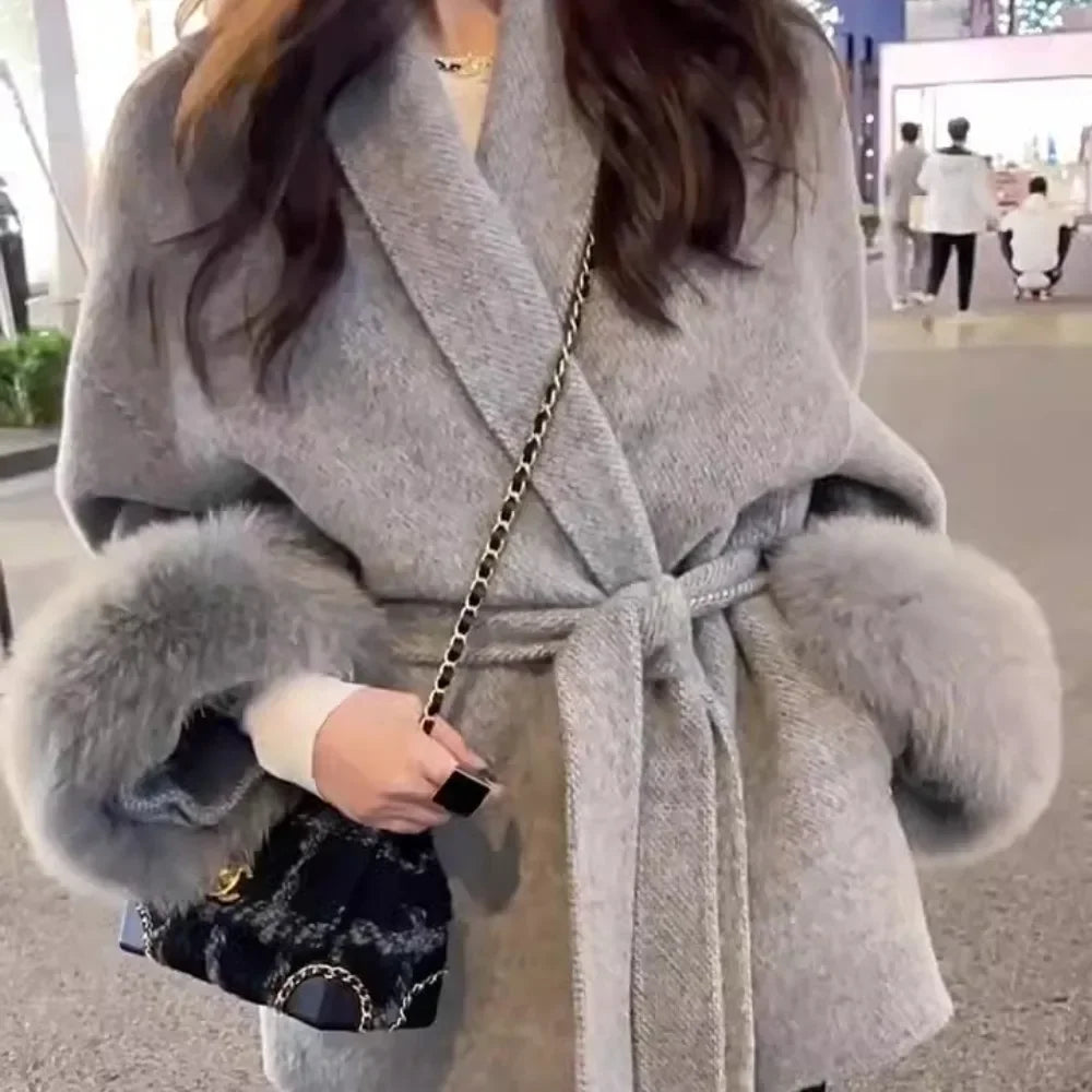 High End Double-sided Wool Strapping Real Wool Fur Coat Women's Removable Cuffs Fox Fur Temperament Cashmere Short Jacket - Matrix Studios