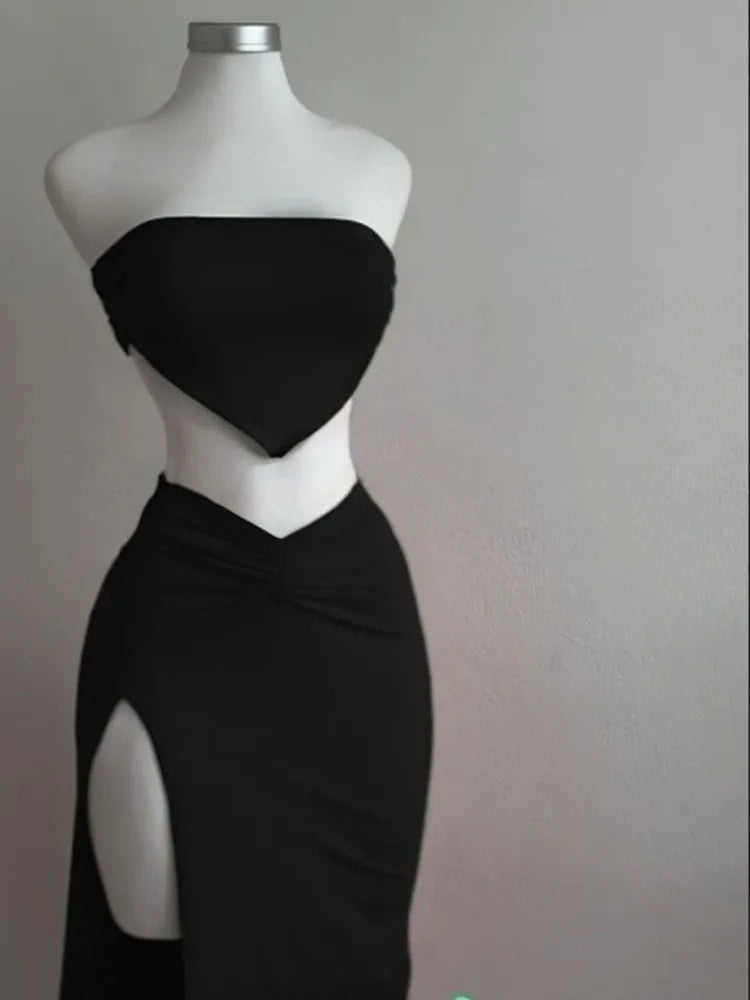 Strapless Backless Crop Top High Waist Skirt 2 Piece Set Women Summer Sexy Slim Fit Split Midi Dress Tube Suits Party Club Sets - Matrix-studios.com