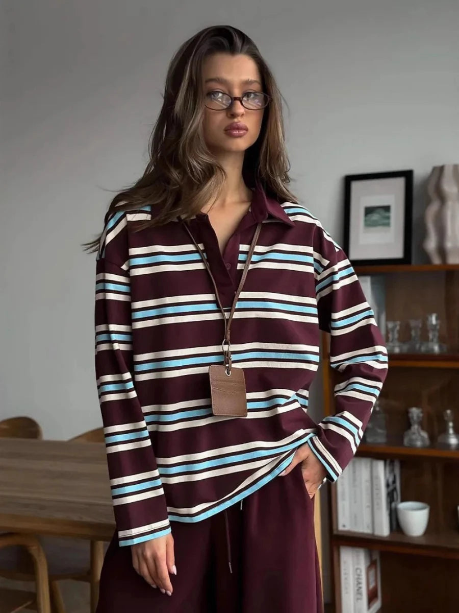 Wolfeel  Women's Vintage Inspired Retro Striped Polo Collar Oversized Drop Shoulder Long Sleeve  T-Shirt Trendy  Casual Top - Matrix-studios.com