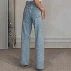 Jeans for Women Straight Diamonds Pants Stretch High Waist Washed Mom Jeans Vintage Denims Streetwear Y2k Streetwear Trousers - Matrix-studios.com