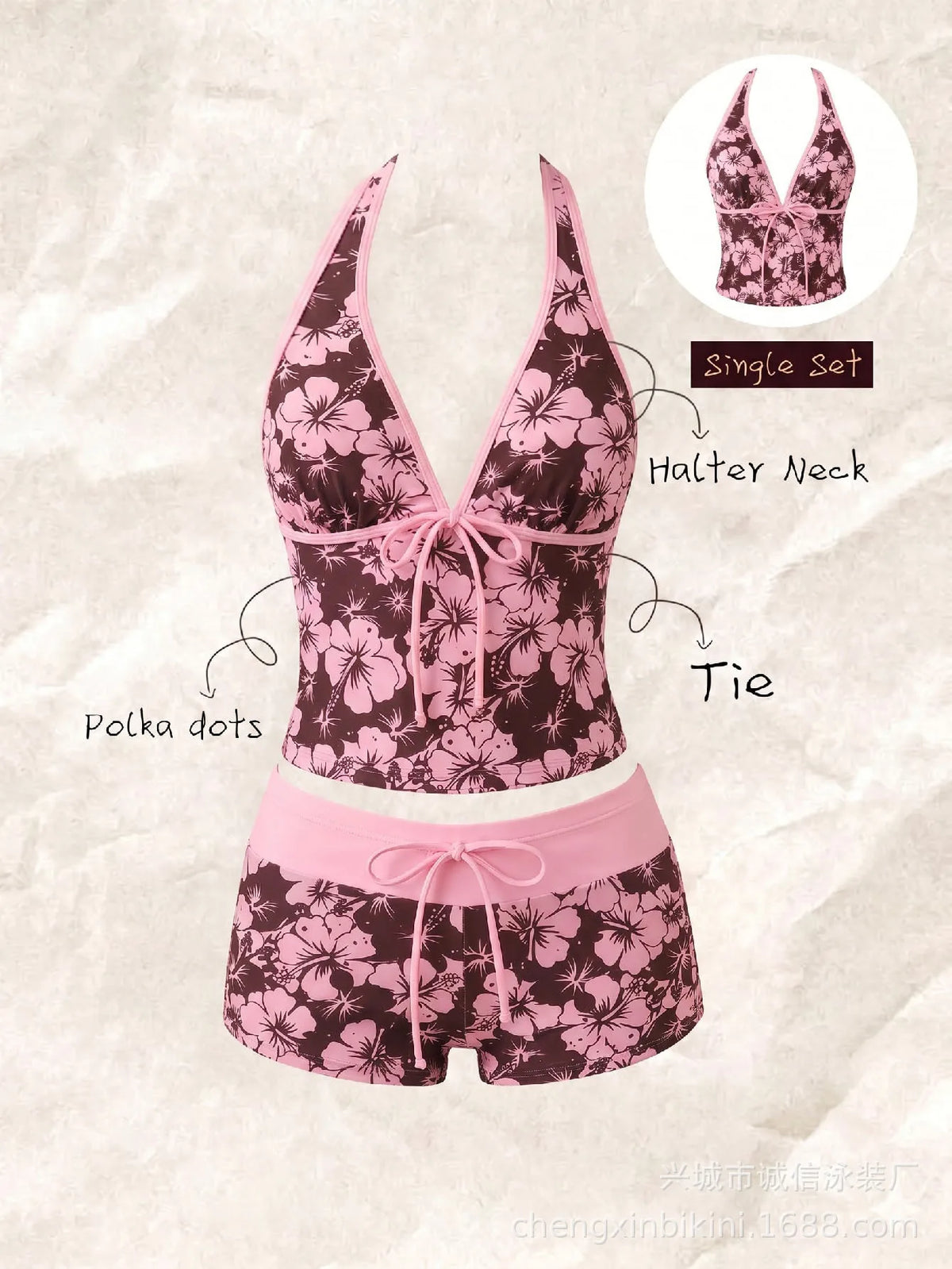 Kawaii Pink Dot Bikini Shorts Bowknot Halter Backless Swimsuit Deep V Swimwear Women's Bikinis and Tankinis Vacation Outfit Sets - Matrix-studios.com