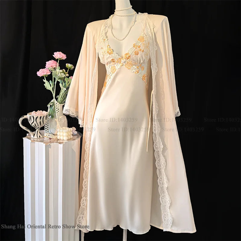 New Female Long Robe Nightgown Set Sexy Lace Trim Sleepwear Suspender Nightdress Spring Summer Casual Satin Home Dress Bathrobe - Matrix-studios.com