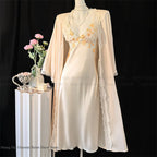New Female Long Robe Nightgown Set Sexy Lace Trim Sleepwear Suspender Nightdress Spring Summer Casual Satin Home Dress Bathrobe - Matrix-studios.com