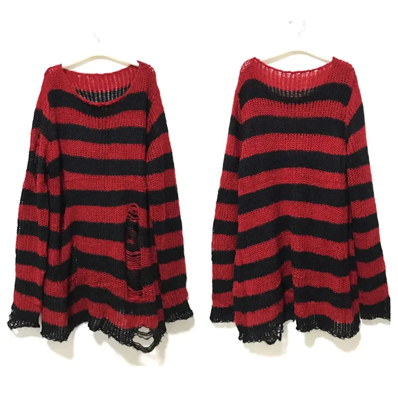 New Streetwear Top Punk Gothic Long Unisex Sweater Summer Women Striped Cool Hollow Out Hole Broken Jumper Loose Rock Thin Dark - Matrix Studios