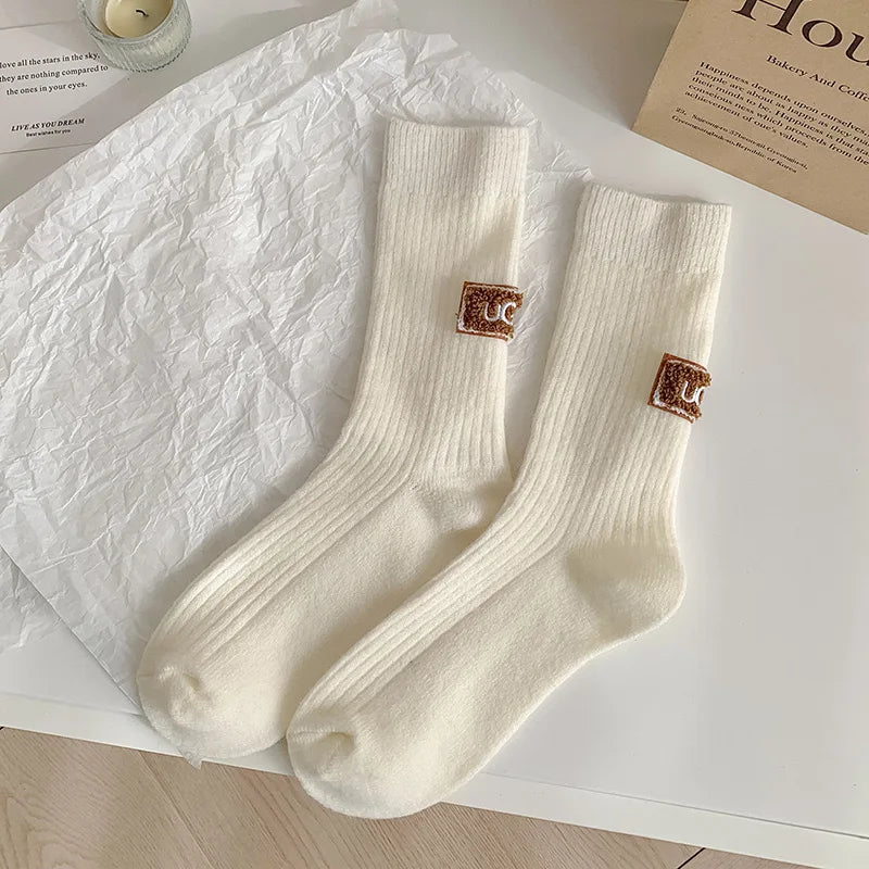 5/10 Pairs Socks Women Luxury Designer Cashmere Wool Sock Solid Warm Thick Pile Embroidered Logo Mid-Calf female Snow Boot Socks - Matrix Studios
