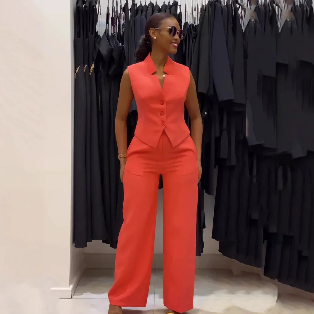Two Piece Sets Women Pant Set V Neck Sleeveless Single Breasted Blazer Suits Tops Wide Leg Long Pants High Waist Matching Sets - Matrix-studios.com