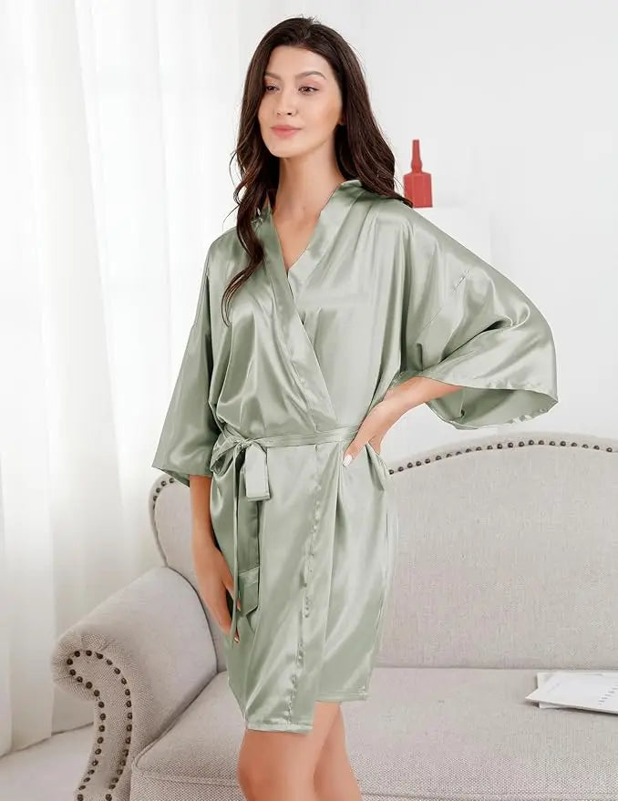 Nightgown Soft Bathrobe Short Women's Lounge Bride Bridesmaid Morning Gown Solid Color Wedding Party Silky Robes Summer - Matrix-studios.com