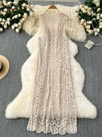 Longline Crochet Cardigan Button Front Sleeveless Sheer Open-knit Long Cover-up Jacket Women Summer Beach Vacation Outfit - Matrix Studios