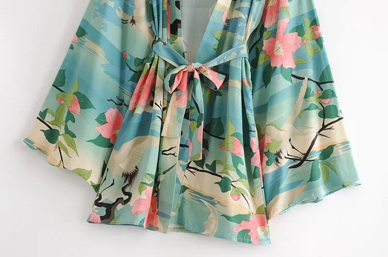 Boho Queens Vintage Green Crane Floral Print Sashes  Women Bohemian V Neck Batwing Sleeves Happie Beach Robe Cover-up - Matrix Studios