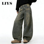 LIYS American Retro Baggy Wide Leg Jeans Men's Streetwear Distressed Y2K Clothing Casual Daily Four Seasons Denim Pants Unisex - Matrix Studios