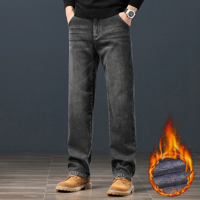 Winter Fleece Men Jeans Classic Loose Straight Warm Thicken Trousers Business Casual Velvet Elastic Denim Pants Plus Size 42 44 - Matrix Studios