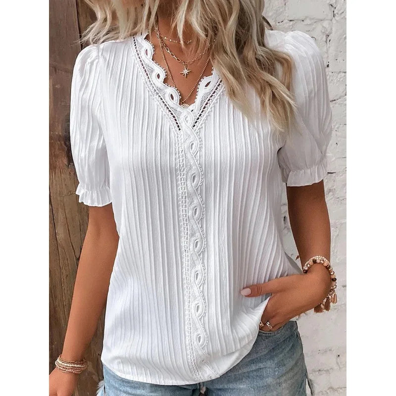 Women's Lace Stitching Shirt Summer Loose V Neck Short Sleeve Pullover Chiffon Shirt Solid Top Simple Elegant Street Blouse - Matrix-studios.com