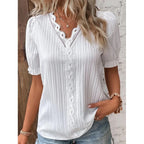 Women's Lace Stitching Shirt Summer Loose V Neck Short Sleeve Pullover Chiffon Shirt Solid Top Simple Elegant Street Blouse - Matrix-studios.com