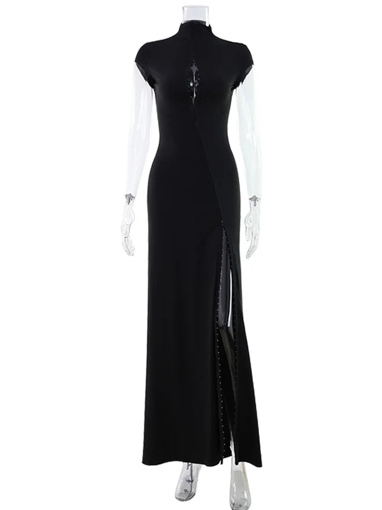 CNYISHE Short Sleeve O Neck Women Dresses Split Metal Buckle Solid Sheath Sexy Club Fashion Evening Party Outfits Female Bodycon - Matrix-studios.com