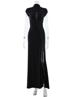 CNYISHE Short Sleeve O Neck Women Dresses Split Metal Buckle Solid Sheath Sexy Club Fashion Evening Party Outfits Female Bodycon - Matrix-studios.com