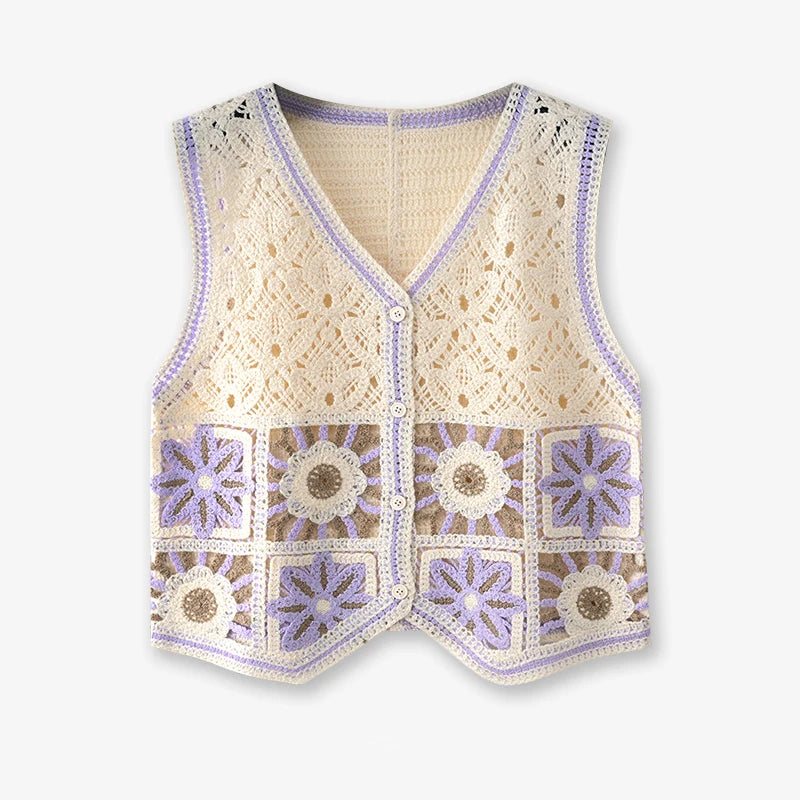 Granny Square Crochet Vest Woman Sheer Open-knit Button Front Sleeveless Waistcoat Top Summer Boho Vacation Beach Outfit - Matrix Studios