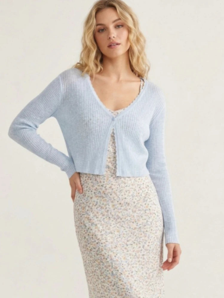 Women Cardigans Long Sleeve Knitted Outerwear Solid Thin Spring Short Sweaters V-neck Knitwears Korean Fashion Cardigans 2026 - Matrix Studios