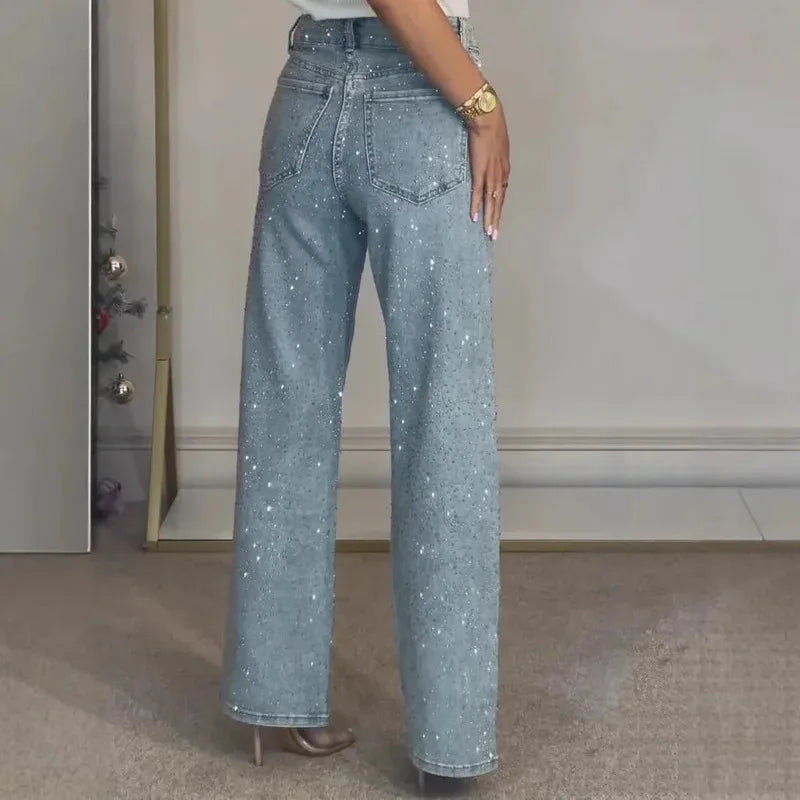 2025 Women Jeans Straight Diamonds Pants Stretch High Waist Washed Mom Jeans Y2k Streetwear Trousers Vintage Denims Streetwear - Matrix-studios.com