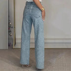 2025 Women Jeans Straight Diamonds Pants Stretch High Waist Washed Mom Jeans Y2k Streetwear Trousers Vintage Denims Streetwear - Matrix-studios.com