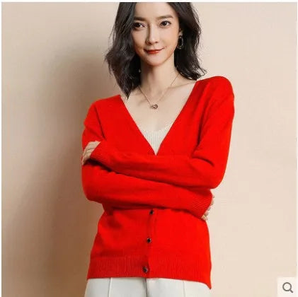 Cardigans Women 2025 Autumn Single Breasted V-neck Knitted Sweater Fashion Short Knitwear Solid Blue Green Pink Women's Jumpers - Matrix Studios