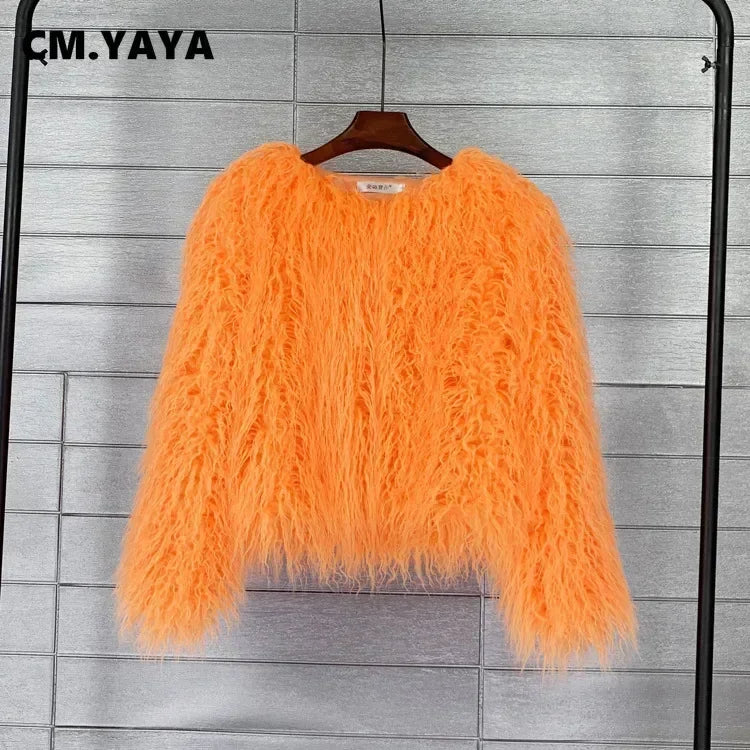 CM.YAYA Solid Faux Fur Coats  Women Full Sleeve O-neck Open Stitch Covered Button Fur Jackets Winter Autumn Warm New Fashion - Matrix Studios