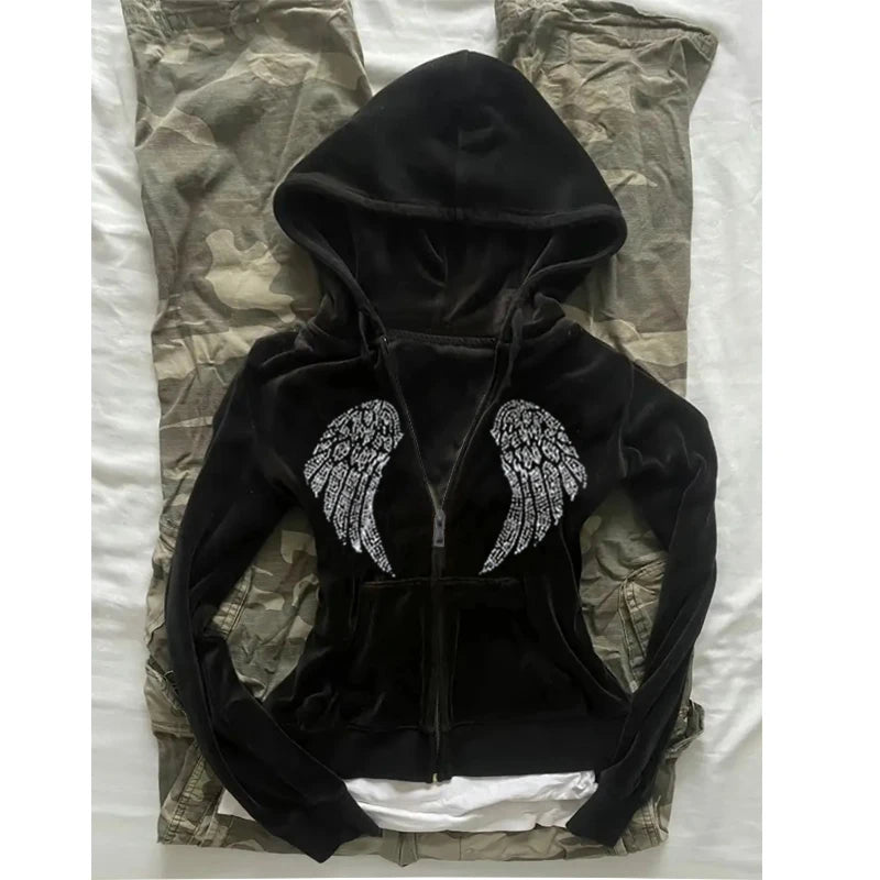 Vintage Jacket Grunge Zipper Sweatshirt Autumn and Winter Wings Print Slim Hoodie Gothic Fashion Trend Slim Street Outerwear y2k - Matrix Studios