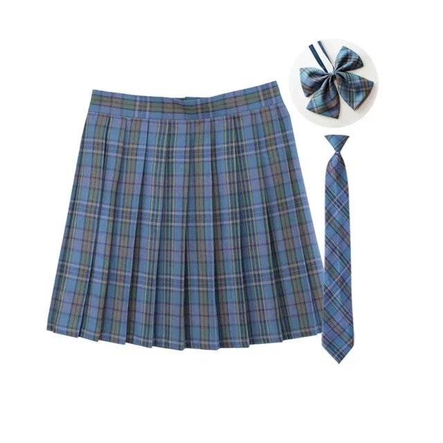 Women Summer Plaid Pleated Skirt With Necktie Bowtie Korean Jk Skirt Uniform Japanese School Preppy A Line Mini Skirts - Matrix-studios.com