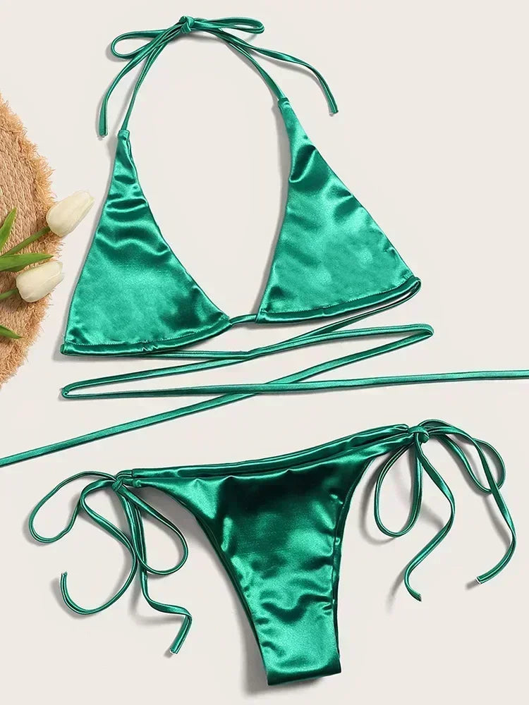 Halter Brazilian Metallic Satin Bikini Women Swimwear Female Swimsuit Two-pieces Bikini Set High Cut Bathing Suit Swim Beachwear - Matrix-studios.com