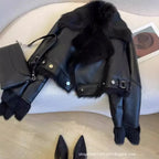 Faux PU Leather Coats Women Punk Fur Collar Coat Work Short Jackets Spring Streetwear Button Open Stitch Jacket Autumn Winter - Matrix Studios