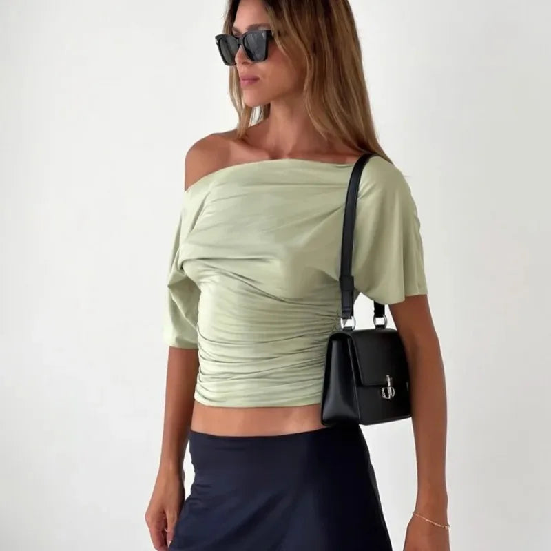 Talenza Summer One Shoulder Tops Fashion Slim Shrink Short Sleeve T-Shirts Sexy Party Y2k Streetwear Solid Pullover Tops Women - Matrix-studios.com