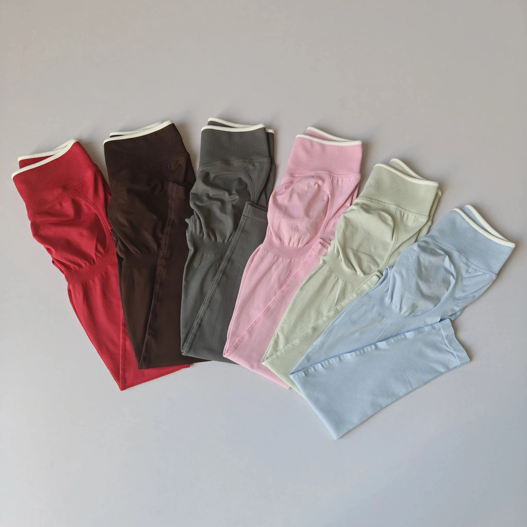 Women's Seamless Gym Solid Color Sports Pants White Edge Waist Tight High Waist Hip Lifting Yoga Pants Running Exercise Pants - Matrix-studios.com