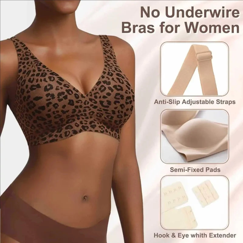 Women's Wire-Free Seamless Leopard Print Bra Soft Jelly Full Cup Thin Mold Bra Beautiful and Breathable Supportive Push Up Bra - Matrix Studios