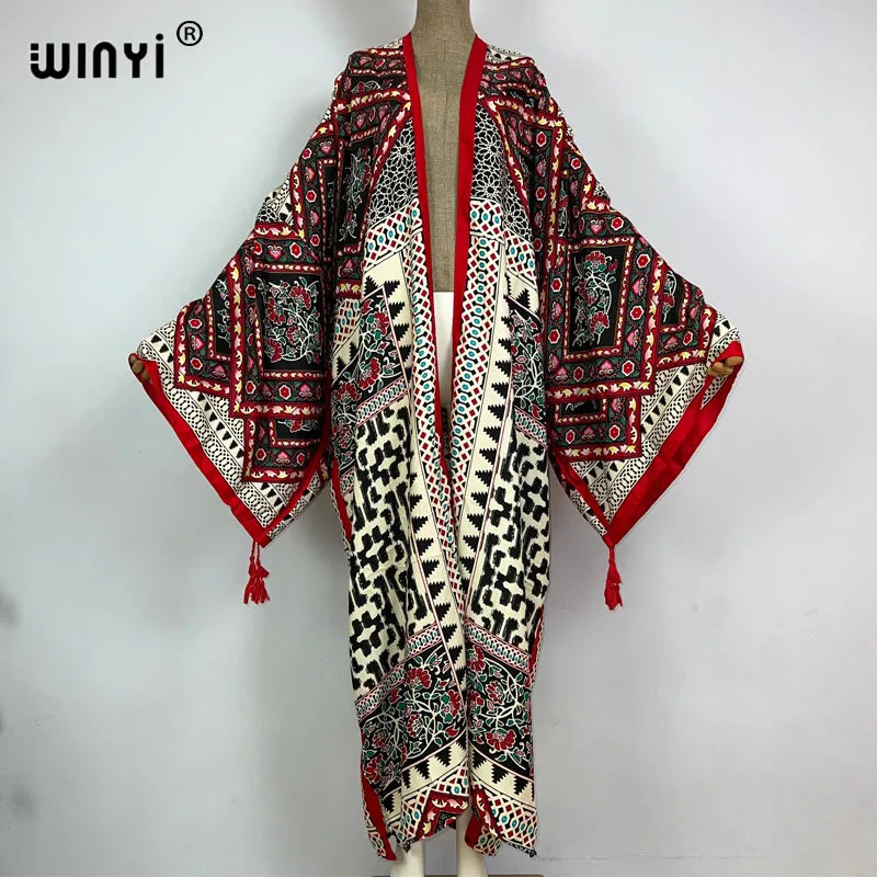2023 WINYI New Cotton Feeling Bikini Cover-ups Bohemian Print Front Open Long Kimono Kaftan Beach Cover Ups for Swimwear Dresses - Matrix Studios