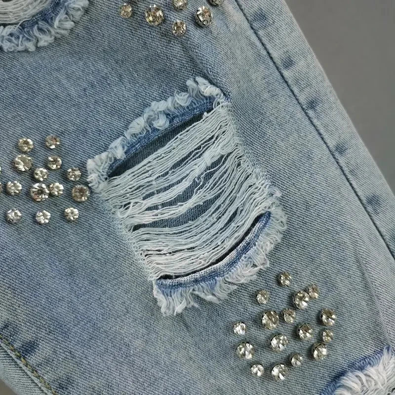 Heavy industry Diamond studded ripped Jeans Women's Street wear 2026 Summer New Loose Nine point Pants Casual Denim Trousers - Matrix-studios.com