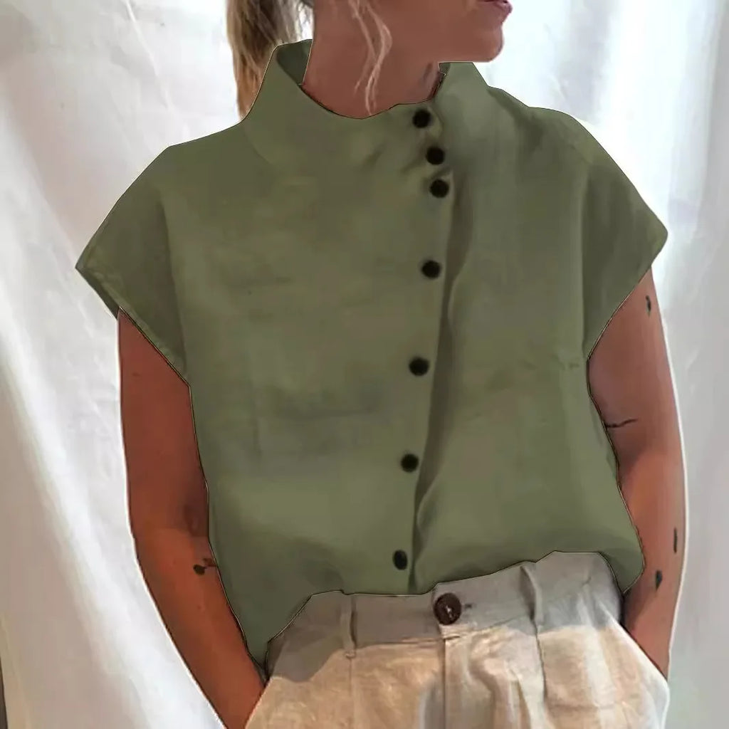 Summer Cotton Short Sleeve Blouse Women 2025 Fashion Button Stand Collar Loose Shirts And Blouses Tops Casual - Matrix-studios.com