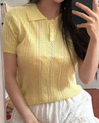 Summer Women's Thin Knit Polo Shirt Hollow-Out Short Sleeve Top Knitted T-shirts  for Women Korean Fashion Elegant Knitwear - Matrix-studios.com
