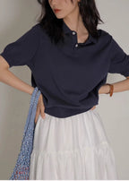 Women's Blue Ice Silk Knitted Polo Shirt Short Sleeve French Lapel Top Thin Summer High-Grade Shoulder T-Shirt - Matrix-studios.com