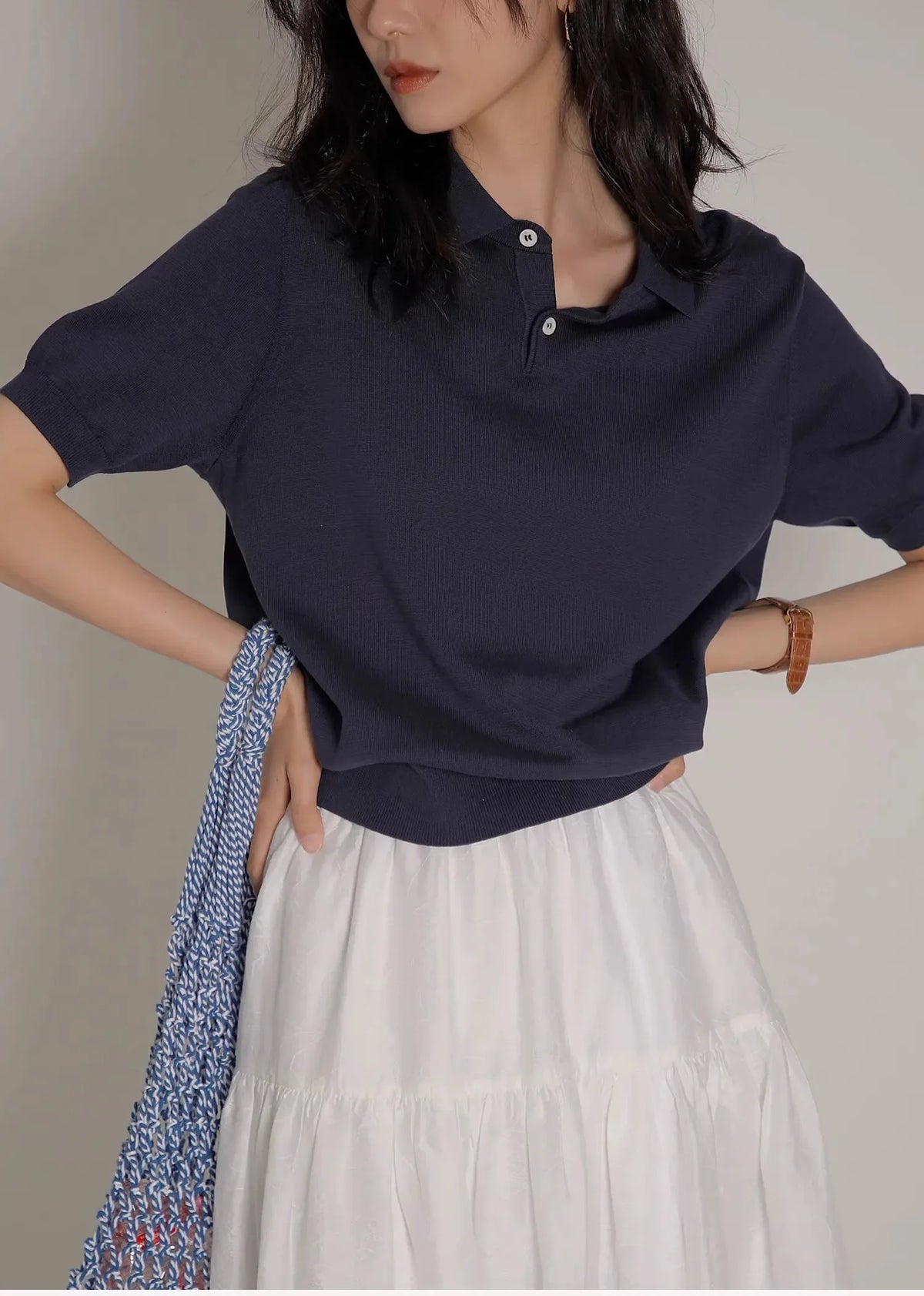 Women's Blue Ice Silk Knitted Polo Shirt Short Sleeve French Lapel Top Thin Summer High-Grade Shoulder T-Shirt - Matrix-studios.com