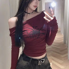 Women Y2K Gothic Grunge T Shirts Off Shoulder 2023 Autumn Streetwear Fairycore Hip Hop Tops Punk Casual Tees Female Clothes - Matrix-studios.com