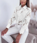 Women's Blouses Hollowed Out Long Sleeved Shirt Casual Solid Button Up With Lapel And Open Front Camisas Femininas - Matrix-studios.com
