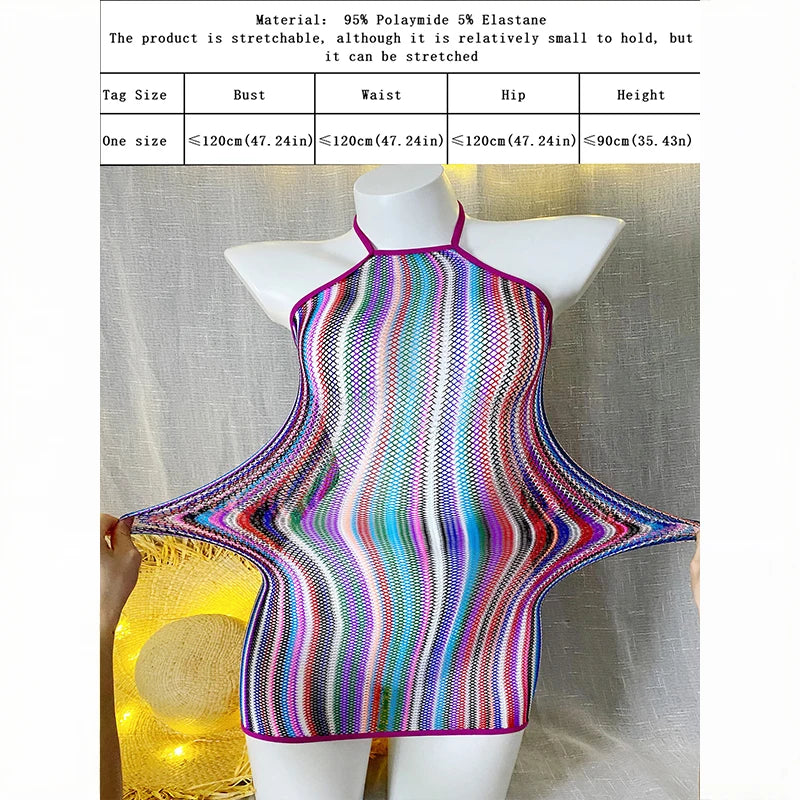 Women Rainbow Striped Cover Up Fishnet Bodycon Dress Halter Elastic Hollow Out Swimsuit Festival Beach Vacation - Matrix Studios
