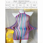 Women Rainbow Striped Cover Up Fishnet Bodycon Dress Halter Elastic Hollow Out Swimsuit Festival Beach Vacation - Matrix Studios