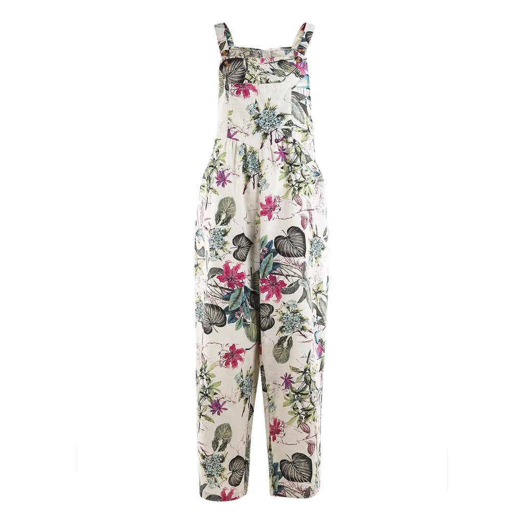 Combhasaki Women's S-3XL Cotton and Linen Jumpsuit Leaf Floral Print Square Neck Sleeveless Casual Loose Overalls with Pockets - Matrix Studios