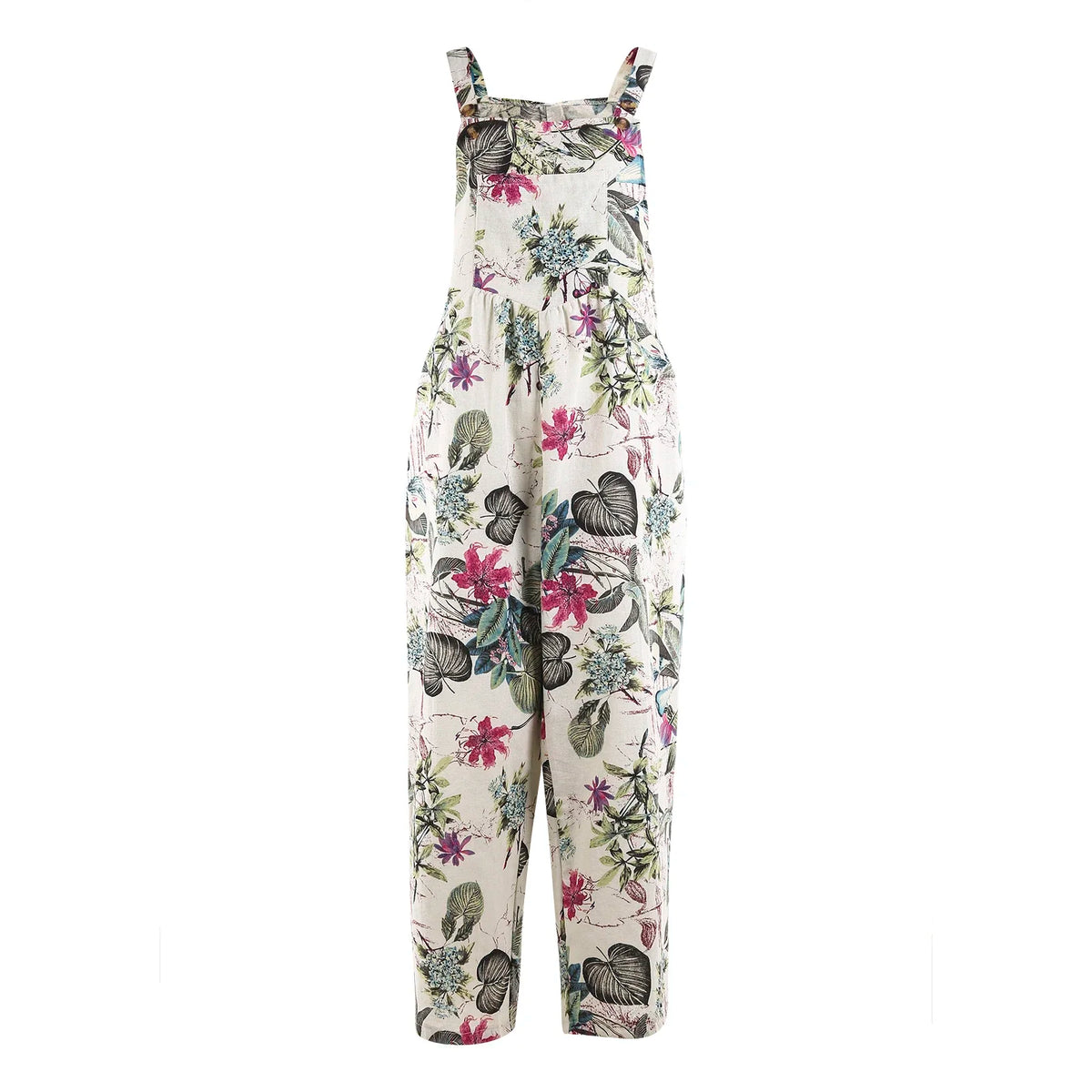 Combhasaki Women's S-3XL Cotton and Linen Jumpsuit Leaf Floral Print Square Neck Sleeveless Casual Loose Overalls with Pockets - Matrix Studios