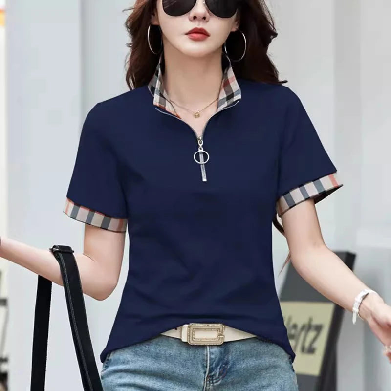 New Women Summer Cotton Polo T-shirt Fashion Button Plaid Turn-down Collar Short Sleeve Slim T-shirt Simplicity Casual Tees Tops - Matrix-studios.com